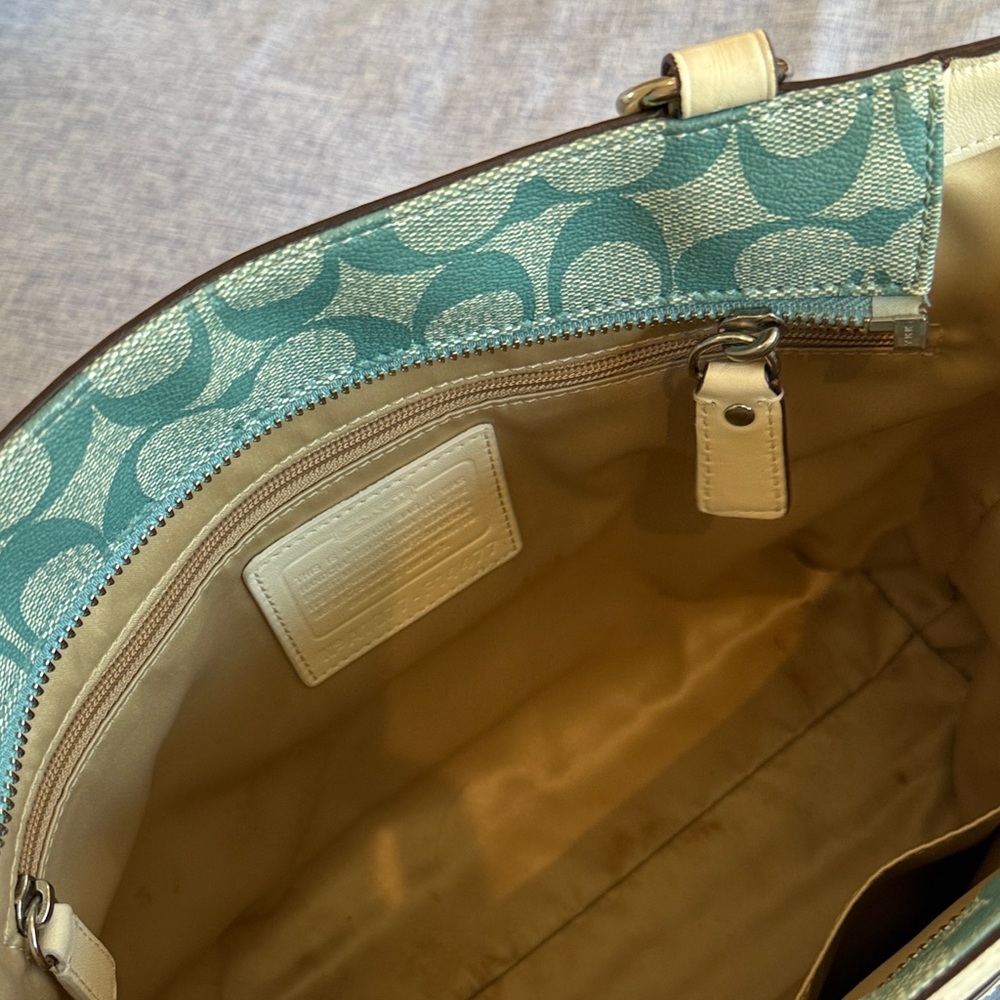 Coach Teal Signature Stripe Tote with Ivory Trim - Picture 8 of 15